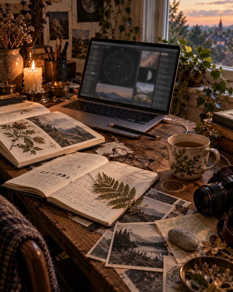 Laptop, books, handwritten notes, photography and botanical materials sharing a modern oracle’s working desk