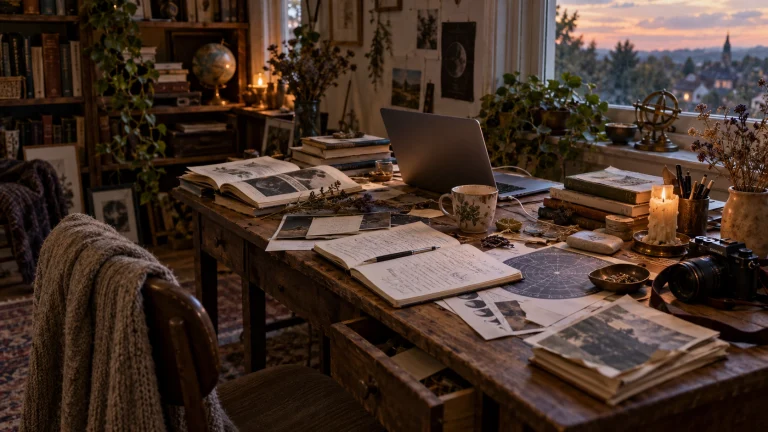 Lived-in creative workshop with books, notes, laptop and research materials Alt text should describe what the image actually shows rather than trying to stuff “AI creative process astrology oracle Joeii Starr Charmed Compass” into it.