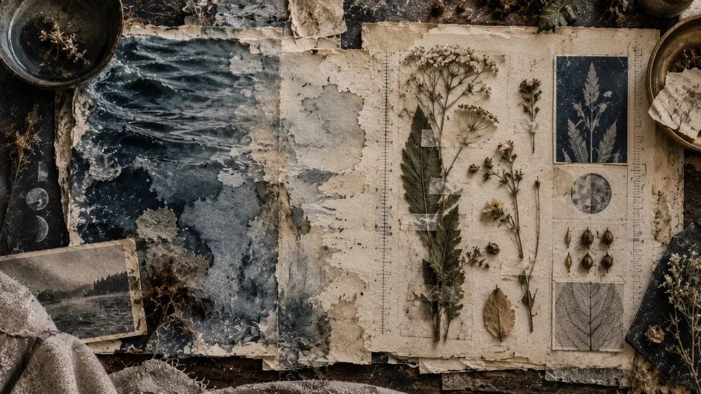 Water-stained papers transition into carefully catalogued botanical specimens, representing the movement from Pisces permeability into Virgo discernment.