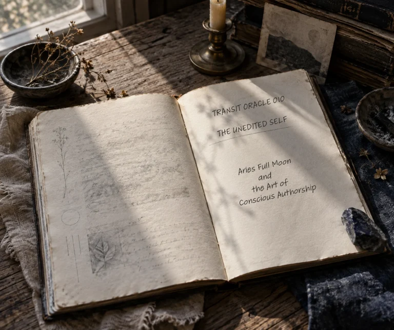 Open cream journal with faded handwritten notes and botanical sketches resting on a weathered wooden table in late-afternoon light.