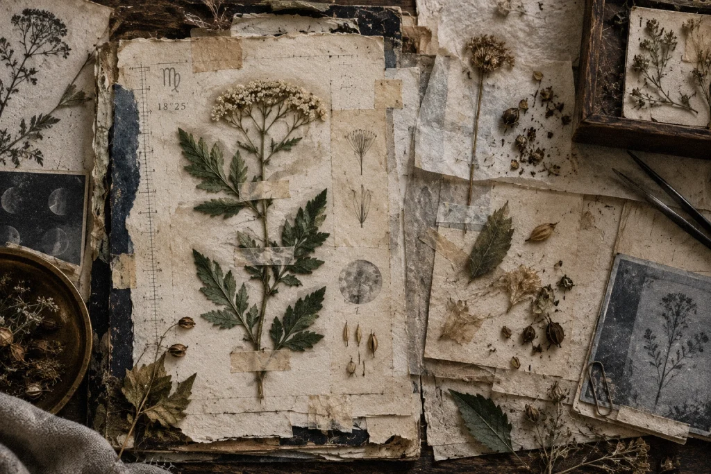 Reconstructed botanical specimen page with pressed plants, torn paper, tape and measurement marks symbolizing discernment and refinement during the Virgo New Moon.