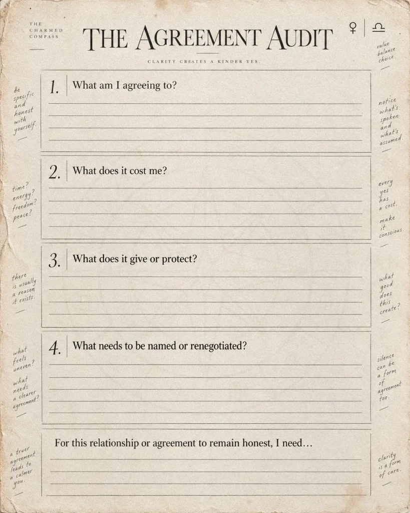 The Agreement Audit worksheet for the Libra New Moon, with prompts about what you are agreeing to, its cost, what it protects, and what needs renegotiated.
