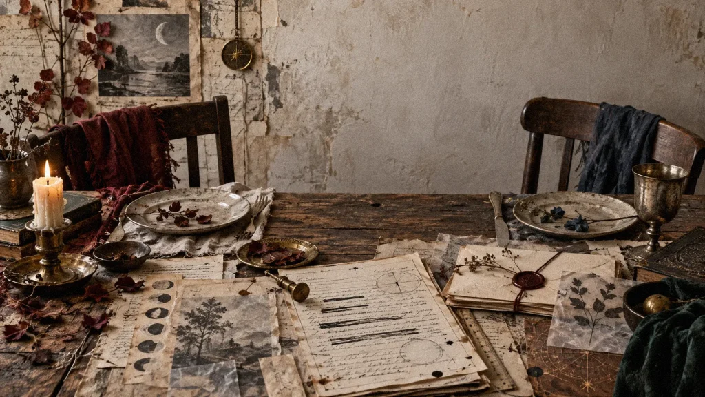 Two mismatched chairs and place settings surround handwritten documents on a weathered table, symbolizing relational renegotiation during the Libra New Moon.