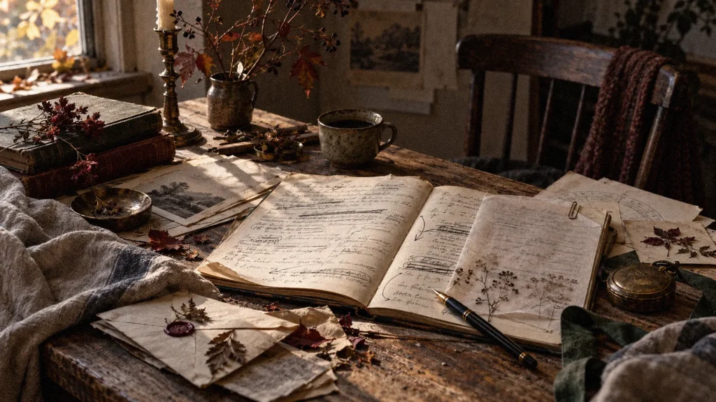 Marked-up journal pages, tracing paper, pressed botanicals, old correspondence and ink on a weathered table for the October 2026 Libra New Moon.